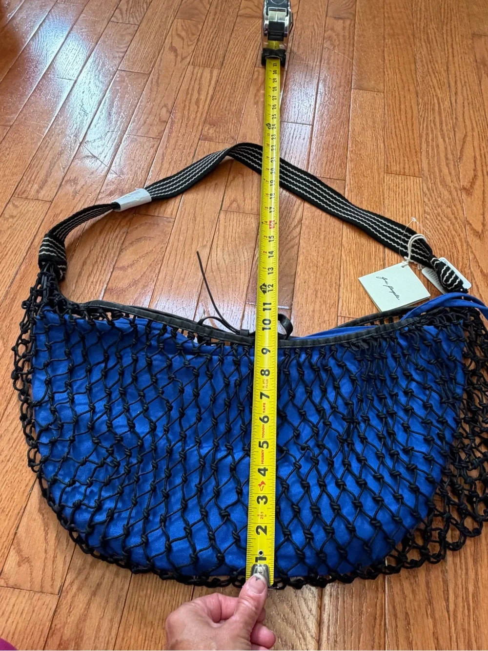 NWT new free people silver springs sling bag black netting netted blue